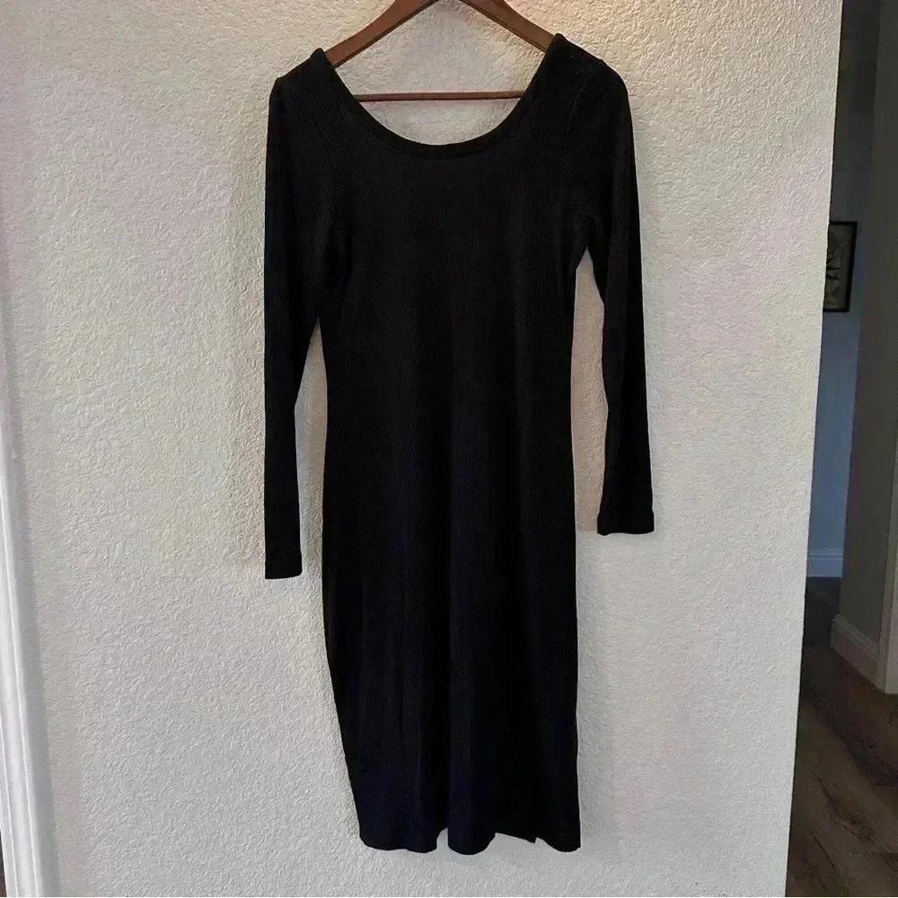 Chaser Black Ribbed Long Sleeve Midi Dress Small Stretchy Scoop Neck Casual Fit
